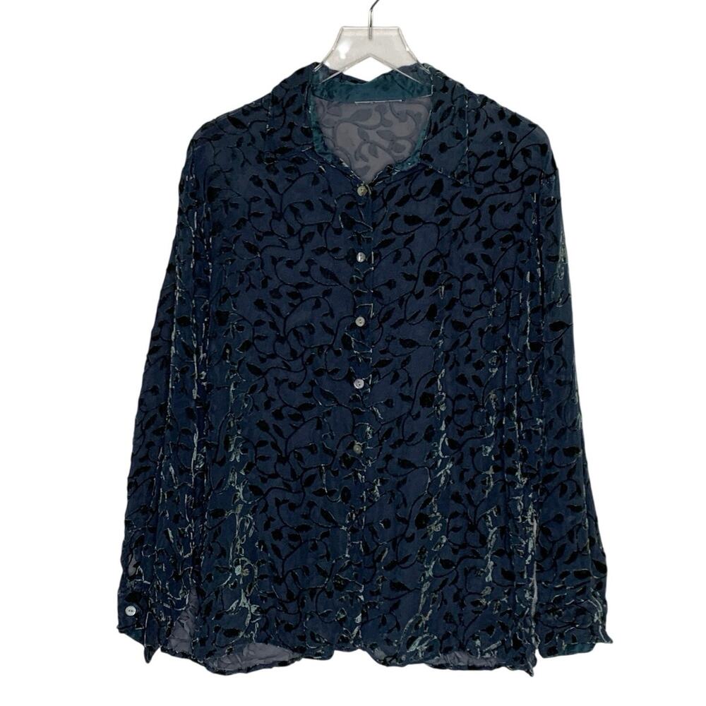 Vintage Silk Blend Burnout Velvet Floral Blouse Navy L Whimsy Goth Witchy Boho